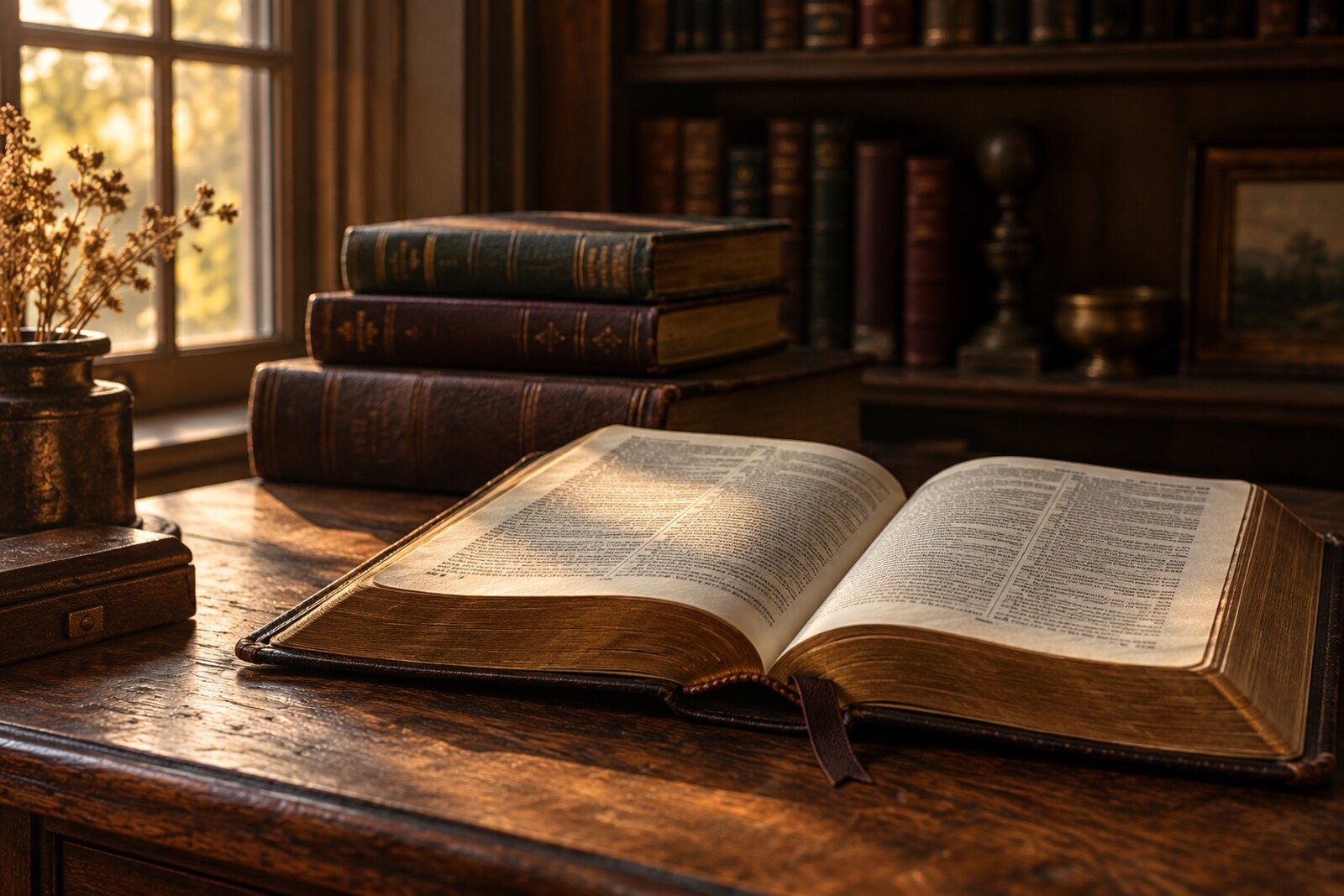 An open Bible and books in the warm light of a quiet study