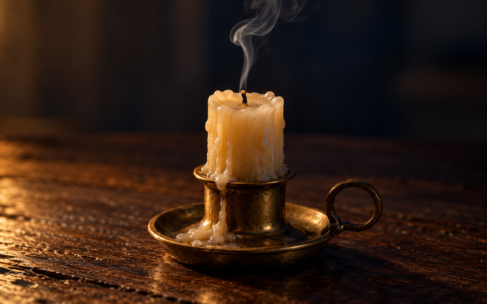 A wisp of smoke rises from a candle that has just gone out.
