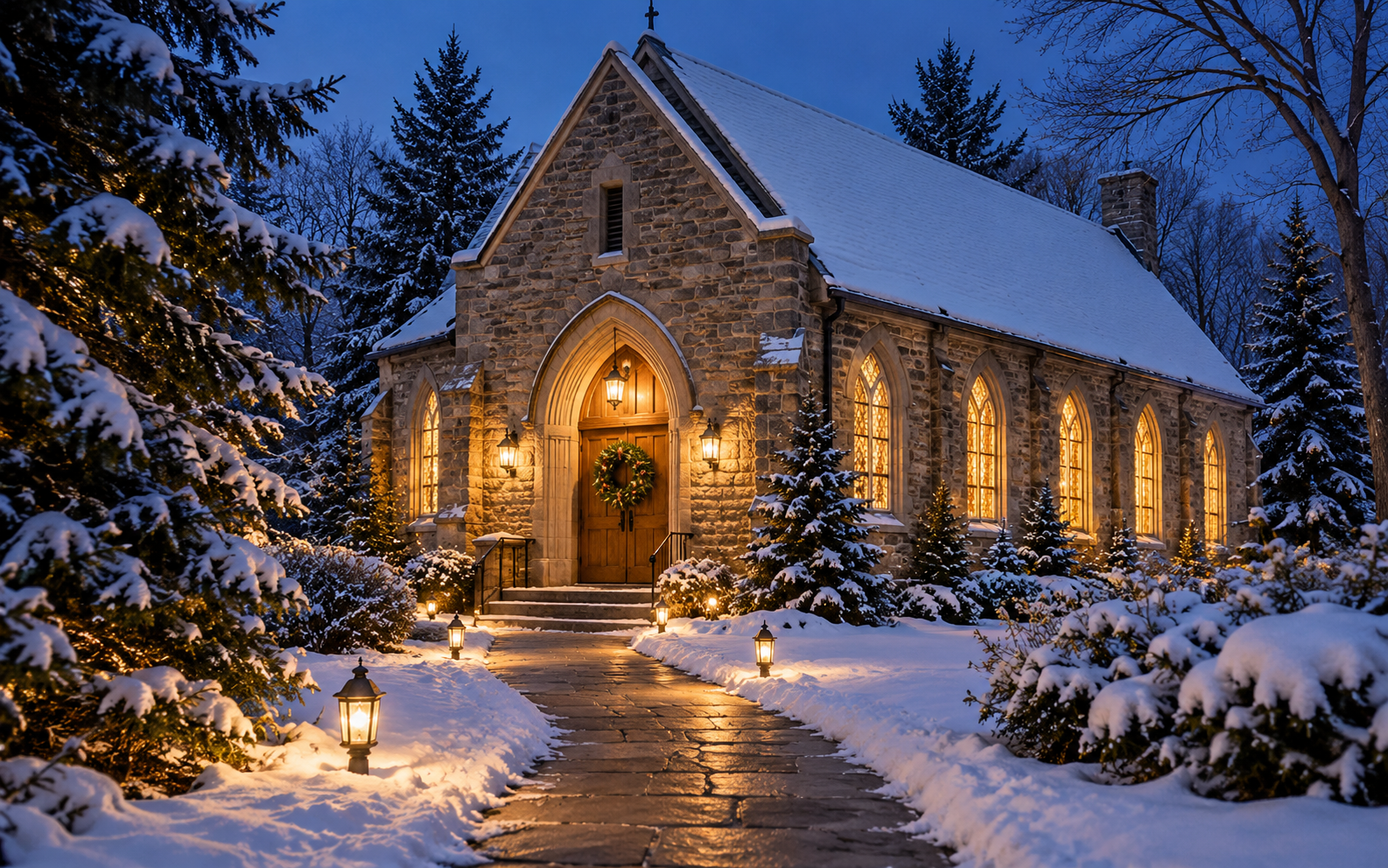 A warmly lit stone church amid snow-covered evergreens on a quiet Christmas evening.