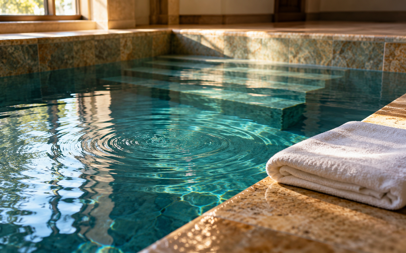 Gentle ripples move across a church baptismal pool beside a folded white towel.