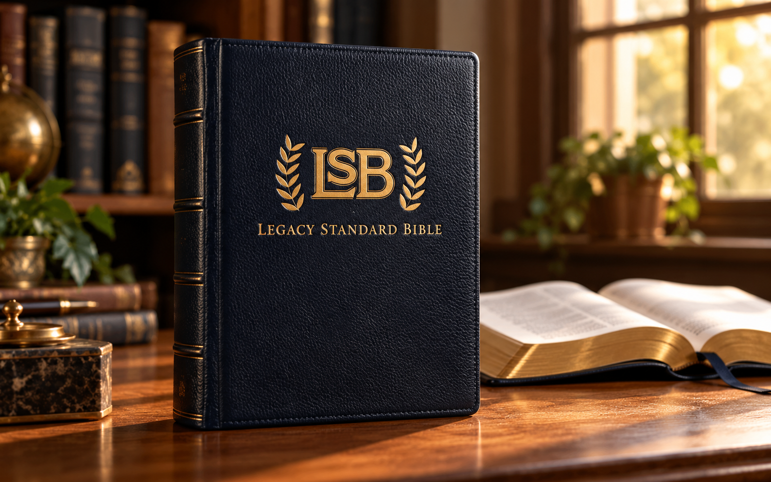 The gold LSB emblem on a navy Bible beside an open Bible on a study desk.