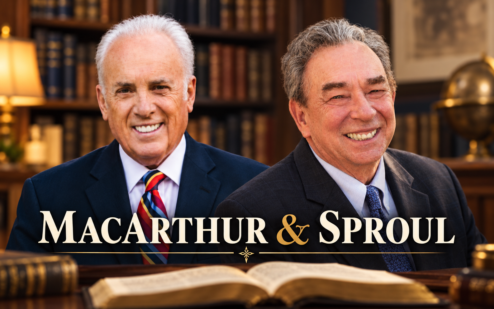 Editorial portrait composite of John MacArthur and R.C. Sproul above an open Bible.