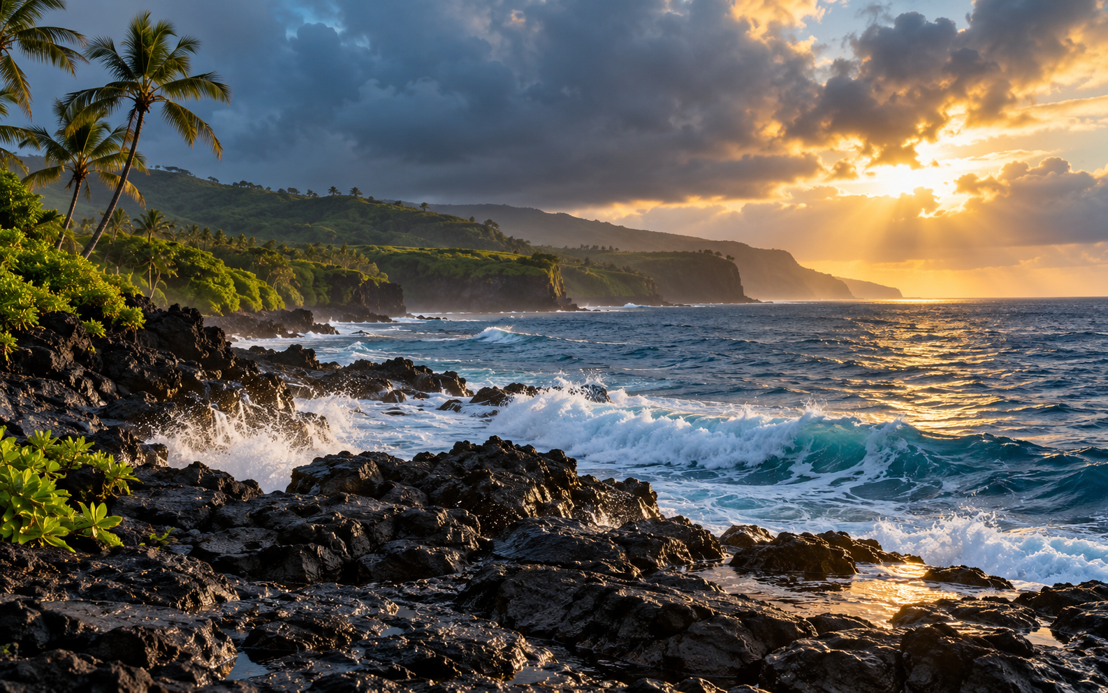 Golden light breaks through rain clouds above a rugged tropical coastline.