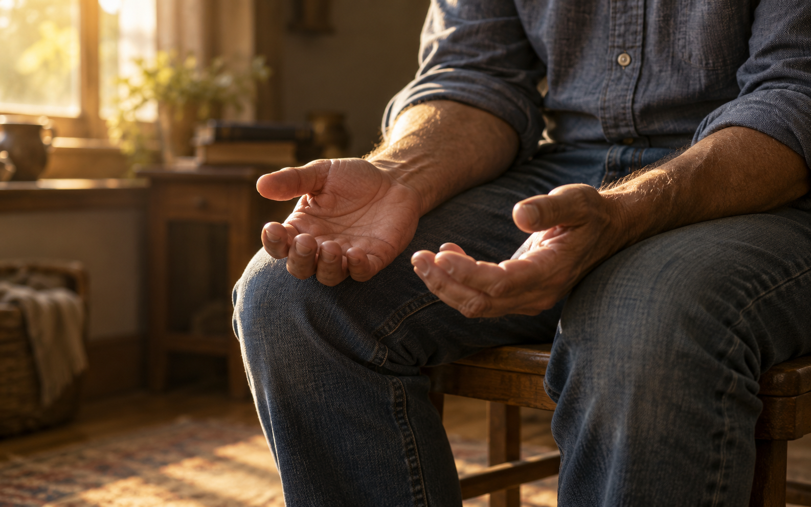 Open hands resting in prayer as warm window light falls across a quiet room.